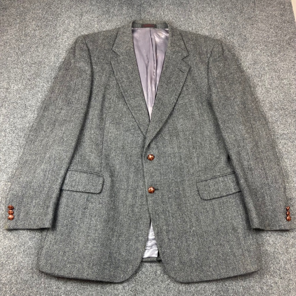Boston Traders Mens Grey Herringbone 100% Wool Blazer Sport Coat 2 Button Lined